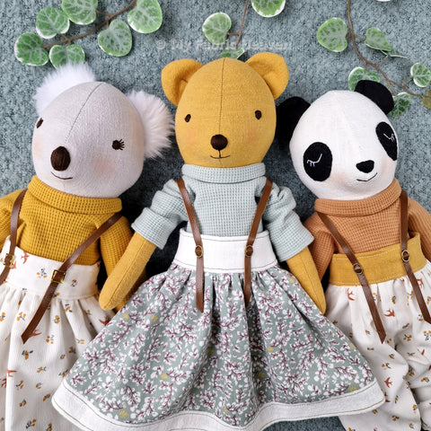 3-in-1 Teddybear, Koala & Panda doll with clothes PDF sewing pattern tutorial