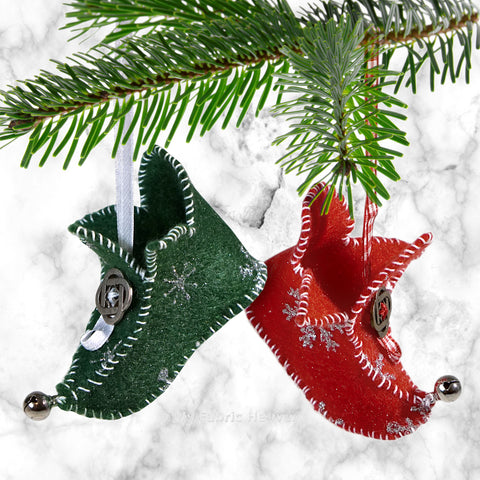 Elf boots Christmas Ornament felt sewing pattern and photo tutorial