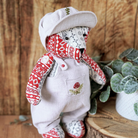 Memory bear with dungarees and hat, sewing pattern and photo tutorial