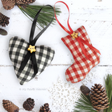 Easy Stuffed Christmas Ornaments sewing pattern tutorial Heart, Stocking, Star, Tree, Candy Cane, Bell.