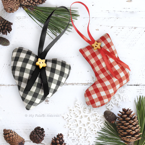 Easy Stuffed Christmas Ornaments sewing pattern tutorial Heart, Stocking, Star, Tree, Candy Cane, Bell.