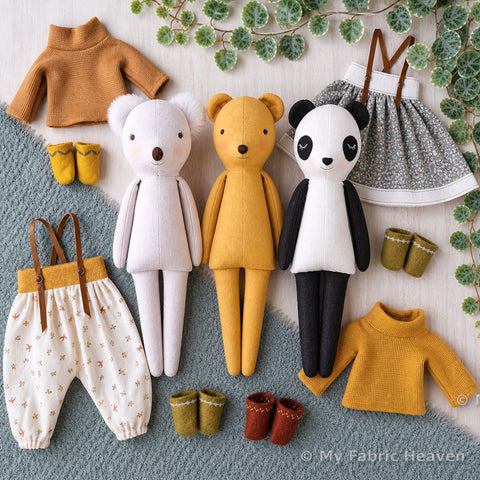 3-in-1 Teddybear, Koala & Panda doll with clothes PDF sewing pattern tutorial
